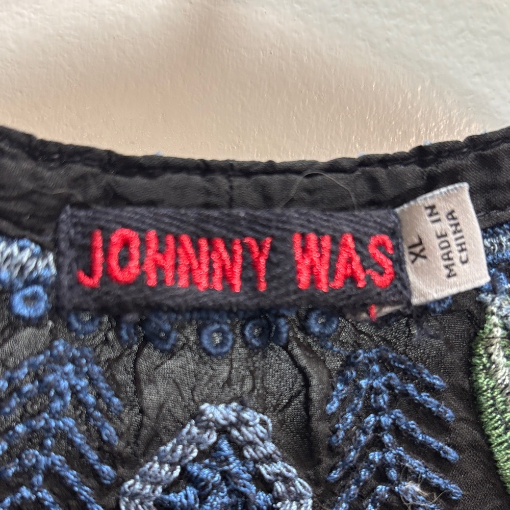 Johnny Was Black lightweight Blouse with Multicolor Embroidery XL tie at neck - Picture 2 of 15